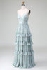 Load image into Gallery viewer, Grey Green Spaghetti Straps Floral Tiered Ruffles Long Bridesmaid Dress With Bow