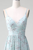Grey Green Spaghetti Straps Floral Tiered Ruffles Long Bridesmaid Dress With Bow