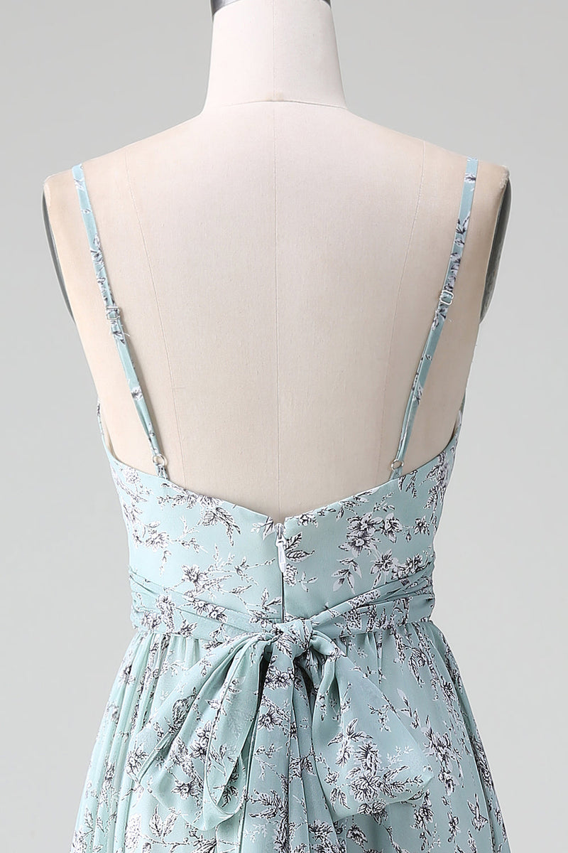 Load image into Gallery viewer, Grey Green Spaghetti Straps Floral Tiered Ruffles Long Bridesmaid Dress With Bow