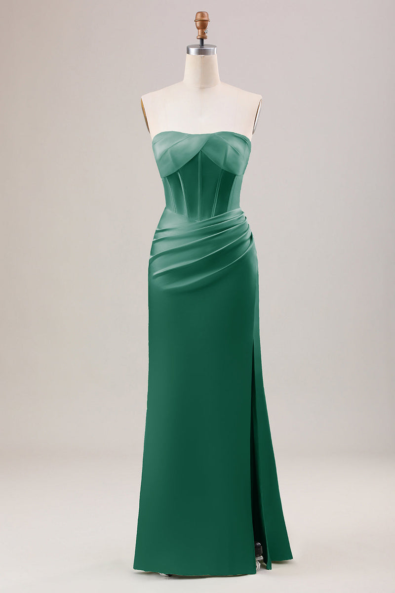 Load image into Gallery viewer, Sheath Corset Strapless Long Green Bridesmaid Dress With Slit