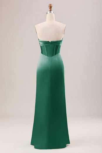 Sheath Corset Strapless Long Green Bridesmaid Dress With Slit