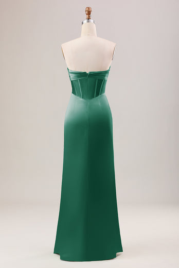 Green Sheath Corset Strapless Long Bridesmaid Dress With Slit