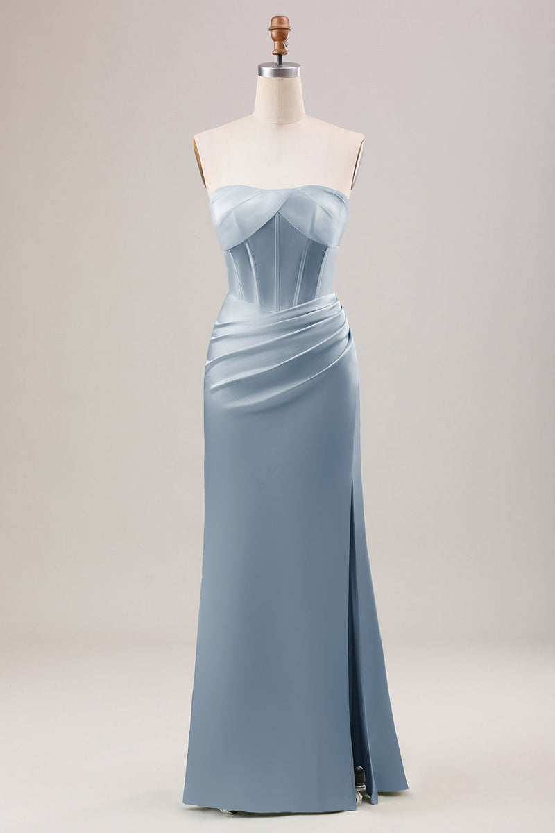 Load image into Gallery viewer, Sheath Corset Strapless Long Green Bridesmaid Dress With Slit