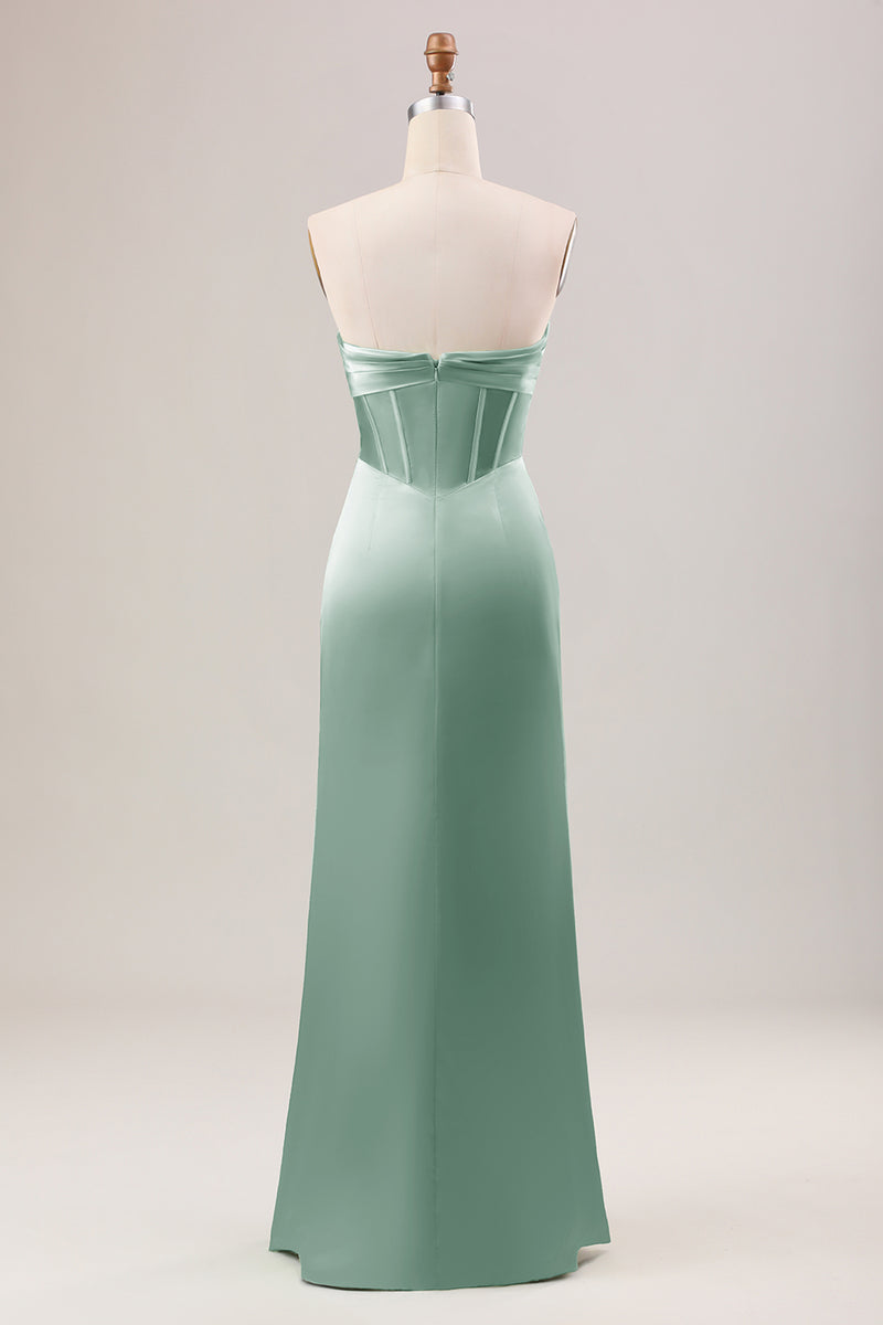 Load image into Gallery viewer, Green Sheath Corset Strapless Long Bridesmaid Dress With Slit