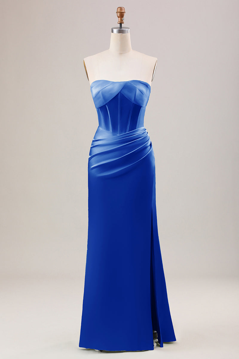 Load image into Gallery viewer, Green Sheath Corset Strapless Long Bridesmaid Dress With Slit