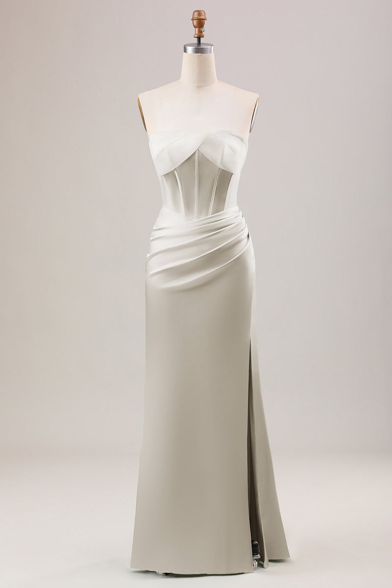 Load image into Gallery viewer, Green Sheath Corset Strapless Long Bridesmaid Dress With Slit