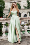Green A Line Pleated Strapless Keyhole Maxi Bridesmaid Dress With Slit