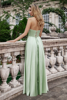 Green A Line Pleated Strapless Keyhole Long Bridesmaid Dress With Slit