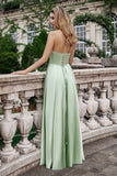 Green A Line Pleated Strapless Keyhole Bridesmaid Dress With Slit