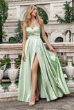 Green A Line Pleated Strapless Keyhole Long Bridesmaid Dress With Slit