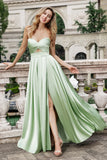 Green A Line Pleated Strapless Keyhole Maxi Bridesmaid Dress With Slit