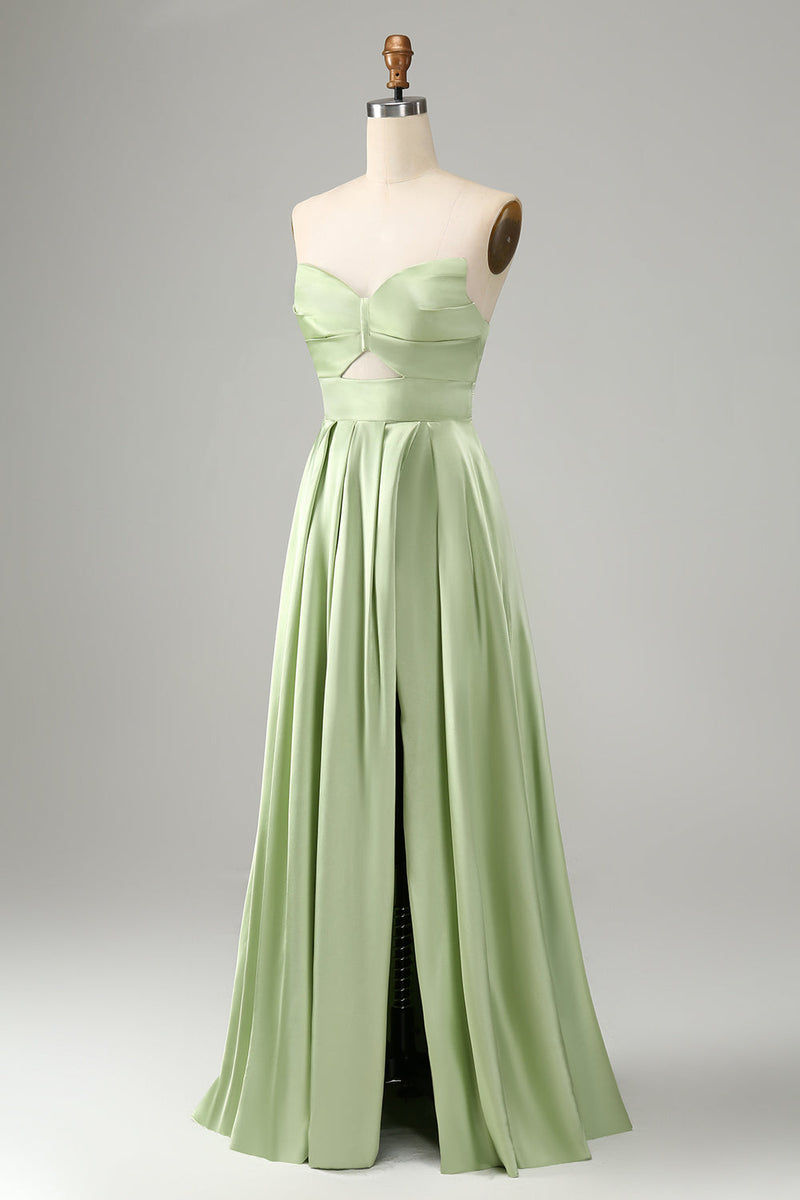 Load image into Gallery viewer, Green A Line Pleated Strapless Keyhole Bridesmaid Dress With Slit