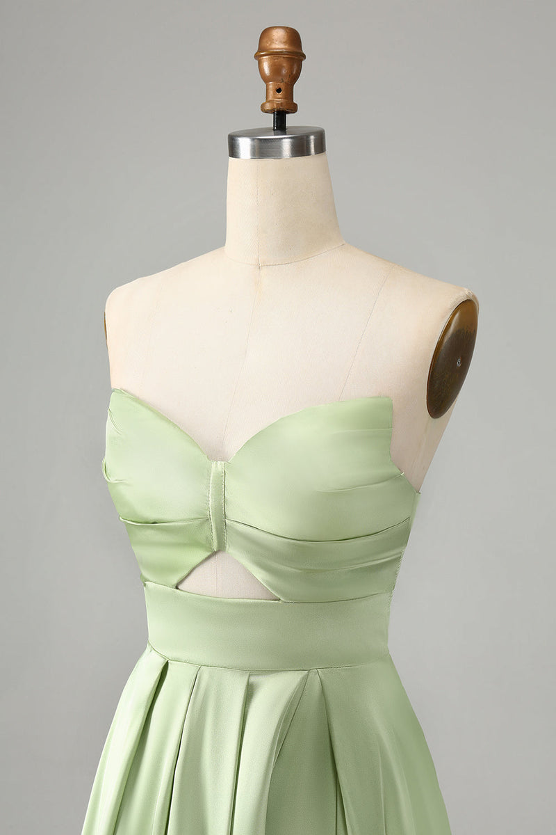 Load image into Gallery viewer, Green A Line Pleated Strapless Keyhole Bridesmaid Dress With Slit