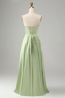 Green A Line Pleated Strapless Keyhole Bridesmaid Dress With Slit