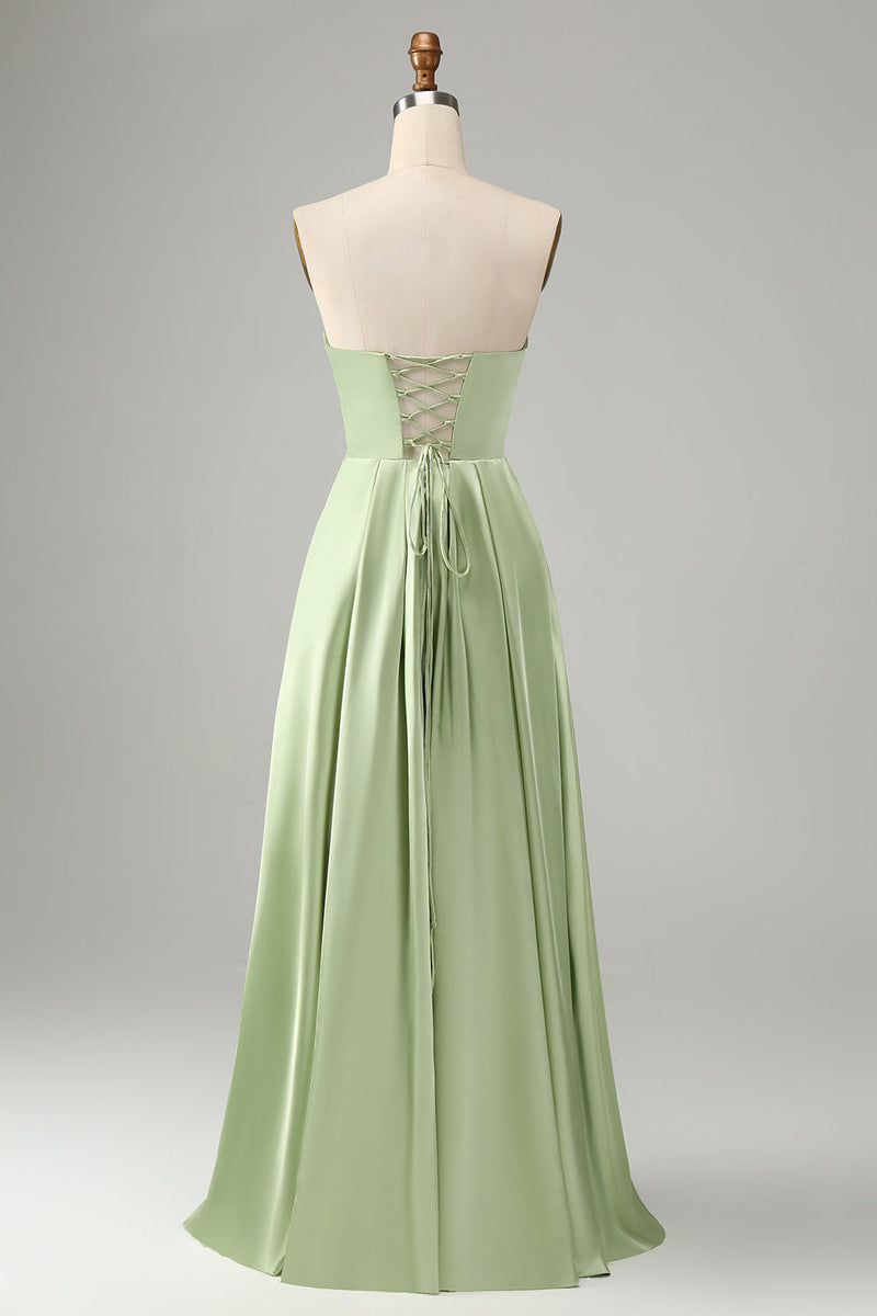 Load image into Gallery viewer, Green A Line Pleated Strapless Keyhole Bridesmaid Dress With Slit