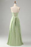Green A Line Pleated Strapless Keyhole Long Bridesmaid Dress With Slit