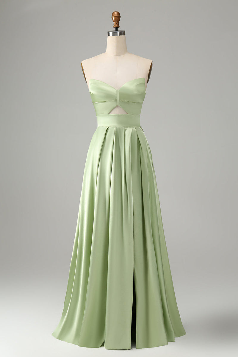 Load image into Gallery viewer, Green A Line Pleated Strapless Keyhole Bridesmaid Dress With Slit