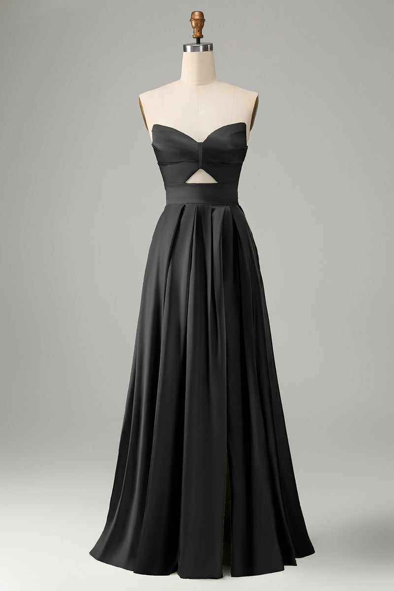 Load image into Gallery viewer, Green A Line Pleated Strapless Keyhole Bridesmaid Dress With Slit