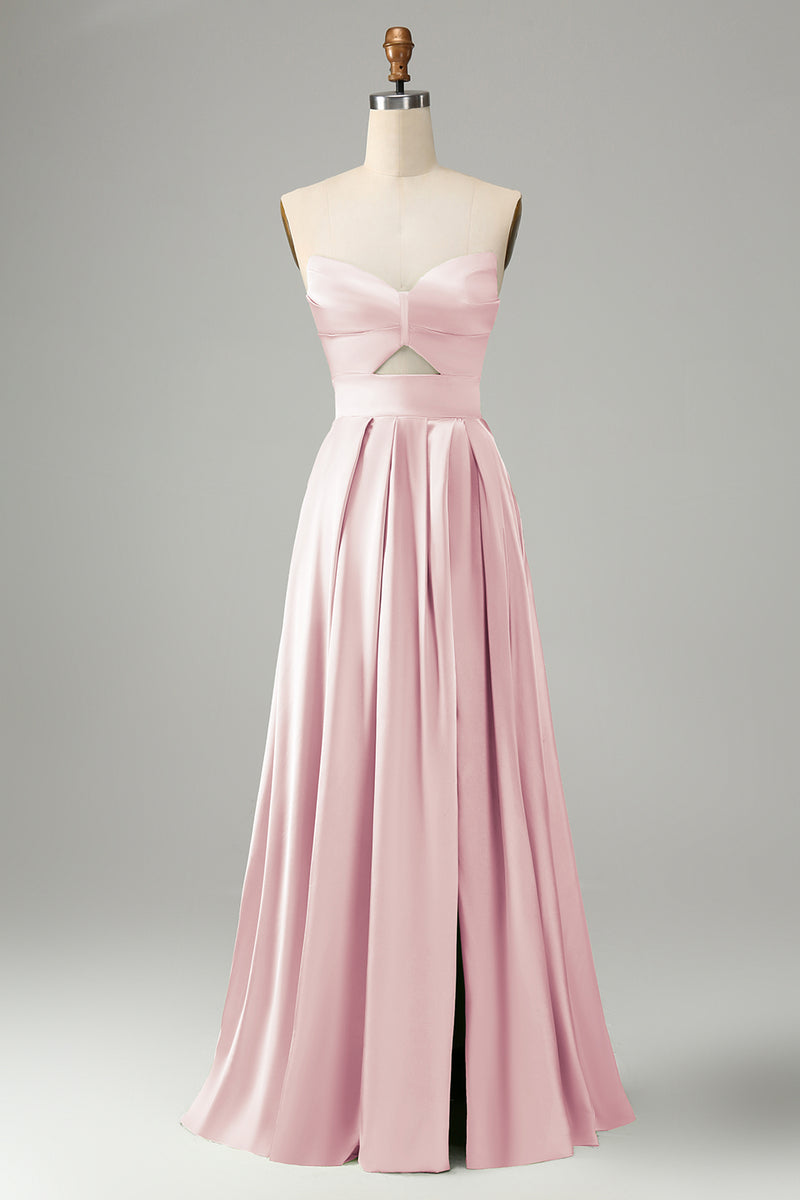 Load image into Gallery viewer, Green A Line Pleated Strapless Keyhole Bridesmaid Dress With Slit