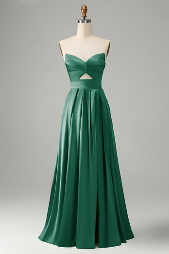 Green A Line Pleated Strapless Keyhole Bridesmaid Dress With Slit