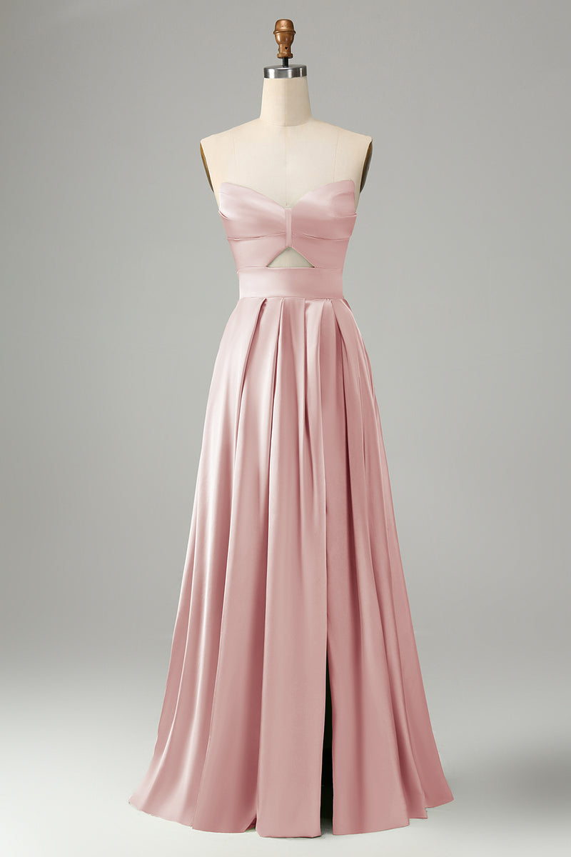 Load image into Gallery viewer, Green A Line Pleated Strapless Keyhole Bridesmaid Dress With Slit