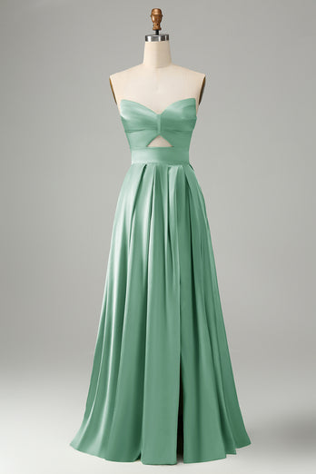 Green A Line Pleated Strapless Keyhole Bridesmaid Dress With Slit