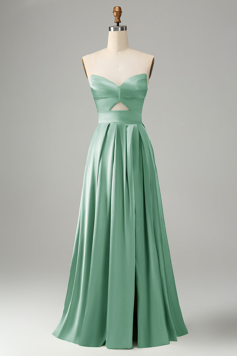 Load image into Gallery viewer, Green A Line Pleated Strapless Keyhole Bridesmaid Dress With Slit