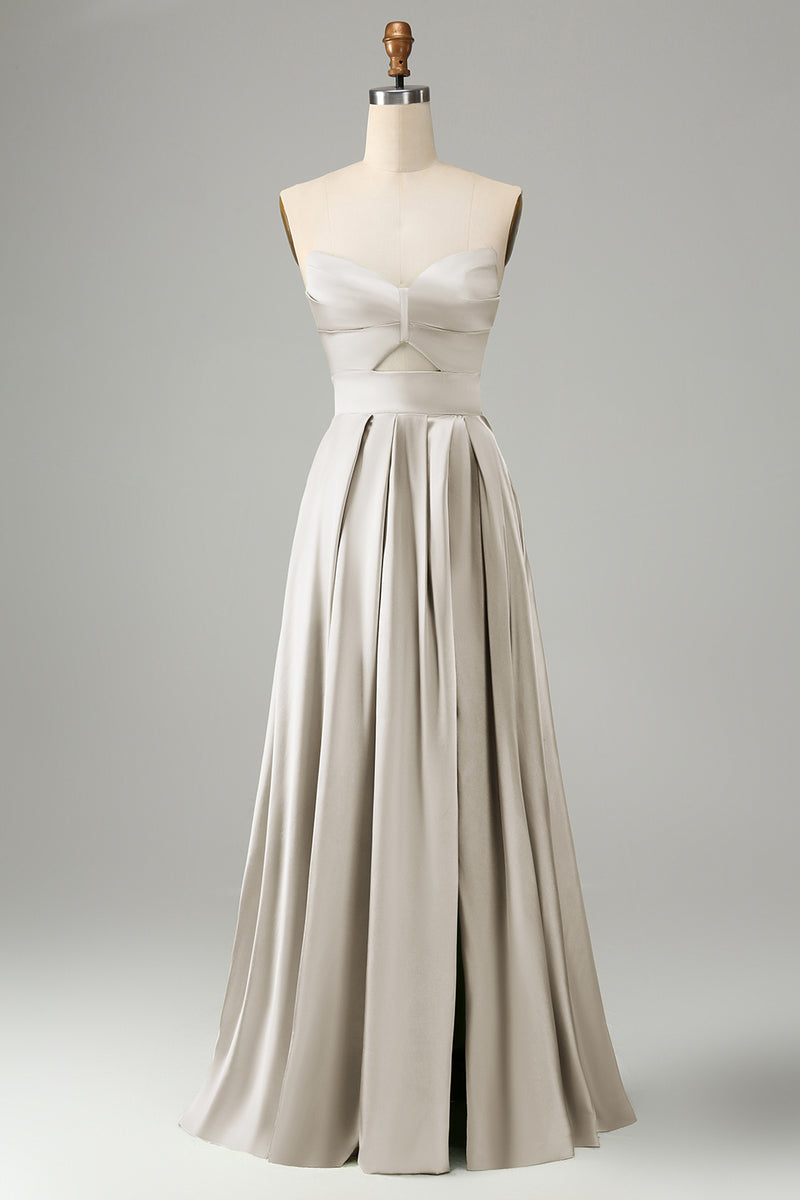 Load image into Gallery viewer, Green A Line Pleated Strapless Keyhole Bridesmaid Dress With Slit