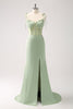 Load image into Gallery viewer, Green Mermaid Spaghetti Straps Satin Long Bridesmaid Dress with Slit