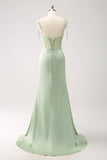 Green Mermaid Satin Bridesmaid Dress with Slit
