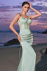 Load image into Gallery viewer, Green Mermaid Satin Bridesmaid Dress with Slit