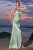 Load image into Gallery viewer, Green Mermaid Satin Bridesmaid Dress with Slit