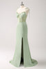 Load image into Gallery viewer, Green Mermaid Spaghetti Straps Satin Long Bridesmaid Dress with Slit