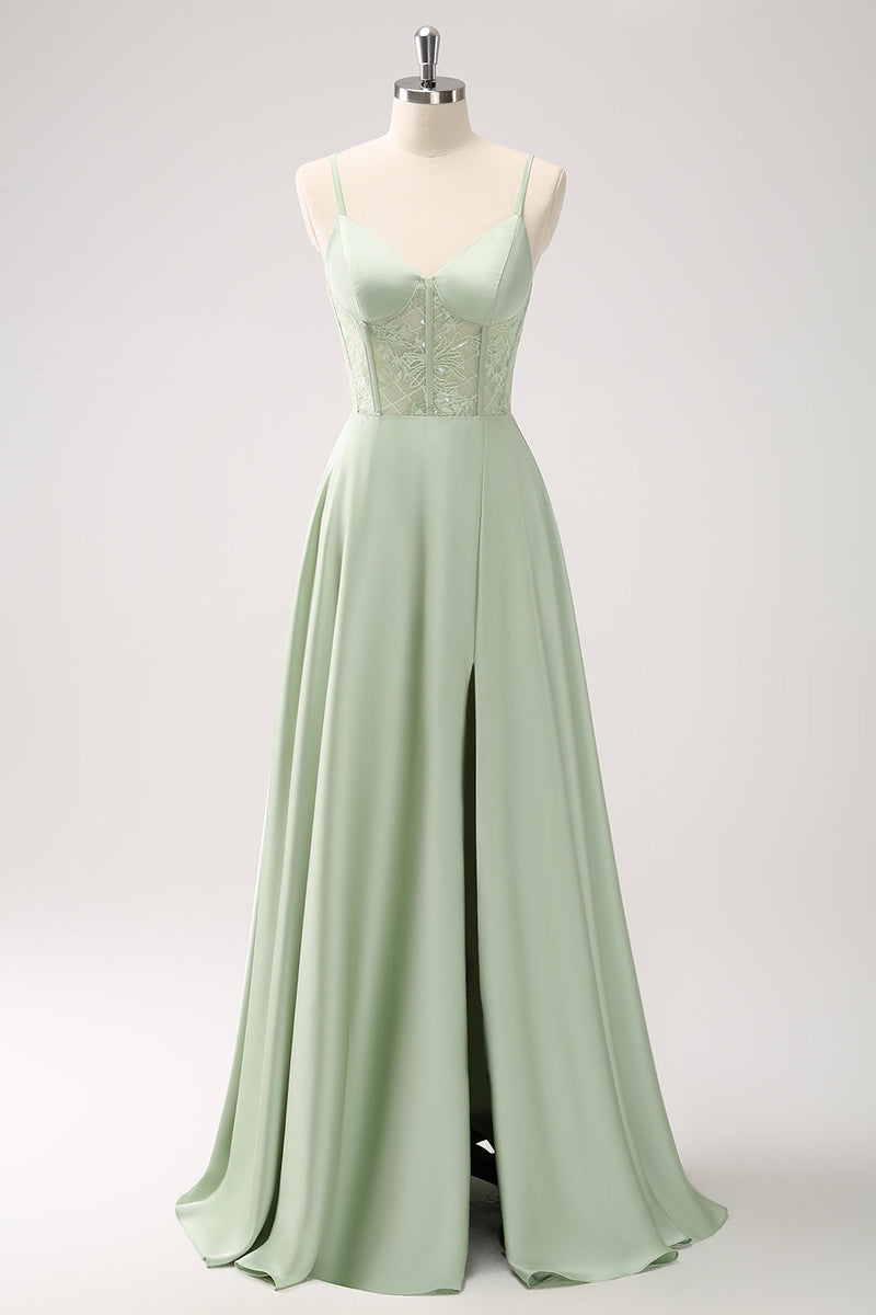 Load image into Gallery viewer, Green Spaghetti Straps A-Line Satin Long Corset Bridesmaid Dress with Slit