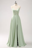 Satin Green A Line Corset Bridesmaid Dress with Slit