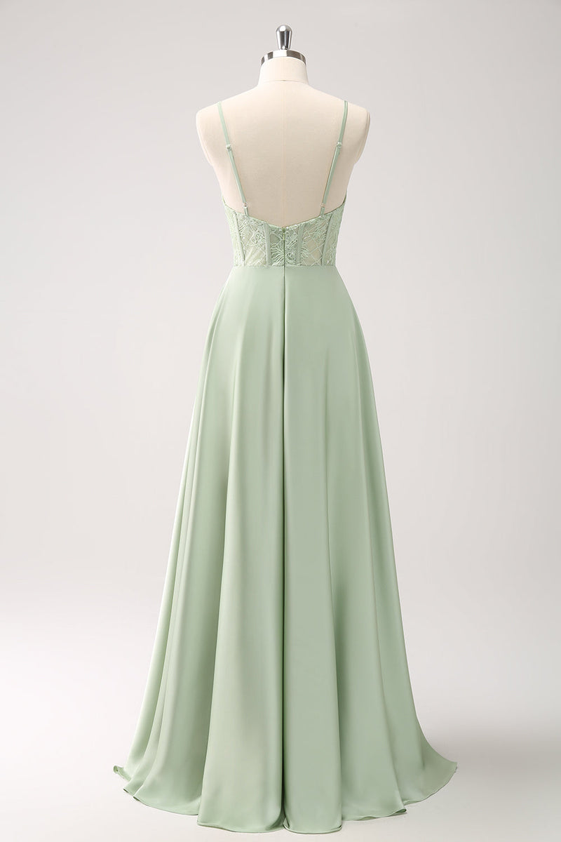 Load image into Gallery viewer, Green Spaghetti Straps A-Line Satin Long Corset Bridesmaid Dress with Slit