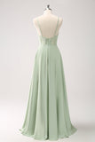 Satin Green A Line Corset Bridesmaid Dress with Slit