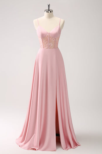 Pink A-Line Spaghetti Straps Satin Corset Long Bridesmaid Dress with Slit