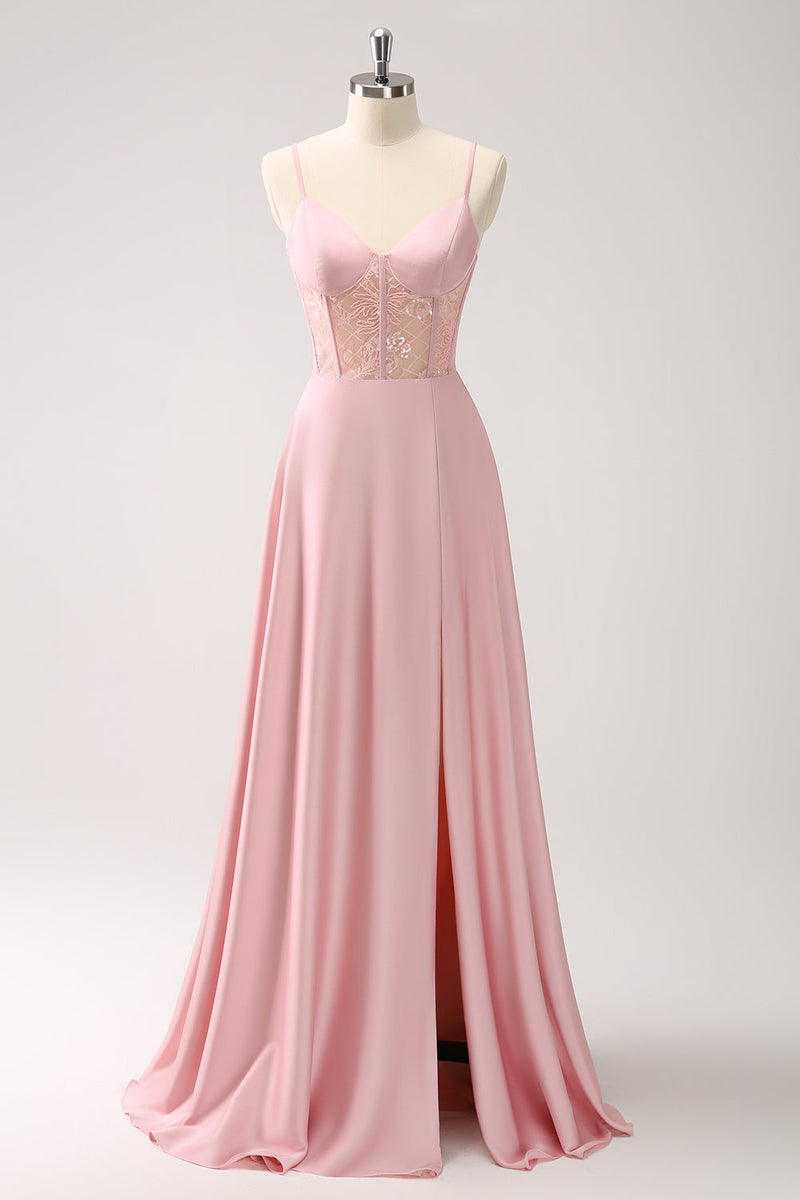 Load image into Gallery viewer, Pink A-Line Spaghetti Straps Satin Corset Long Bridesmaid Dress with Slit