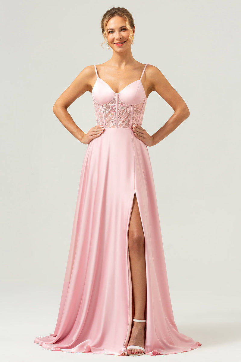 Load image into Gallery viewer, Pink A-Line Spaghetti Straps Satin Corset Long Bridesmaid Dress with Slit