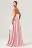 Load image into Gallery viewer, Pink A-Line Spaghetti Straps Satin Corset Long Bridesmaid Dress with Slit