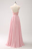 Load image into Gallery viewer, Pink A-Line Spaghetti Straps Satin Corset Long Bridesmaid Dress with Slit