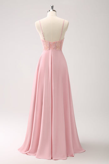 Pink A-Line Spaghetti Straps Satin Corset Long Bridesmaid Dress with Slit