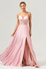 Load image into Gallery viewer, Pink A-Line Spaghetti Straps Satin Corset Long Bridesmaid Dress with Slit