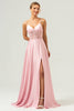 Load image into Gallery viewer, Pink A-Line Spaghetti Straps Satin Corset Long Bridesmaid Dress with Slit