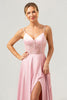 Load image into Gallery viewer, Pink A-Line Spaghetti Straps Satin Corset Long Bridesmaid Dress with Slit