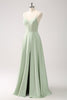 Load image into Gallery viewer, Green Spaghetti Straps A-Line Satin Long Corset Bridesmaid Dress with Slit