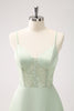 Load image into Gallery viewer, Green Spaghetti Straps A-Line Satin Long Corset Bridesmaid Dress with Slit