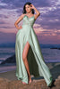 Load image into Gallery viewer, Satin Green A Line Corset Bridesmaid Dress with Slit