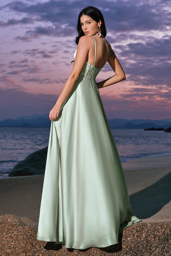 Satin Green A Line Corset Bridesmaid Dress with Slit